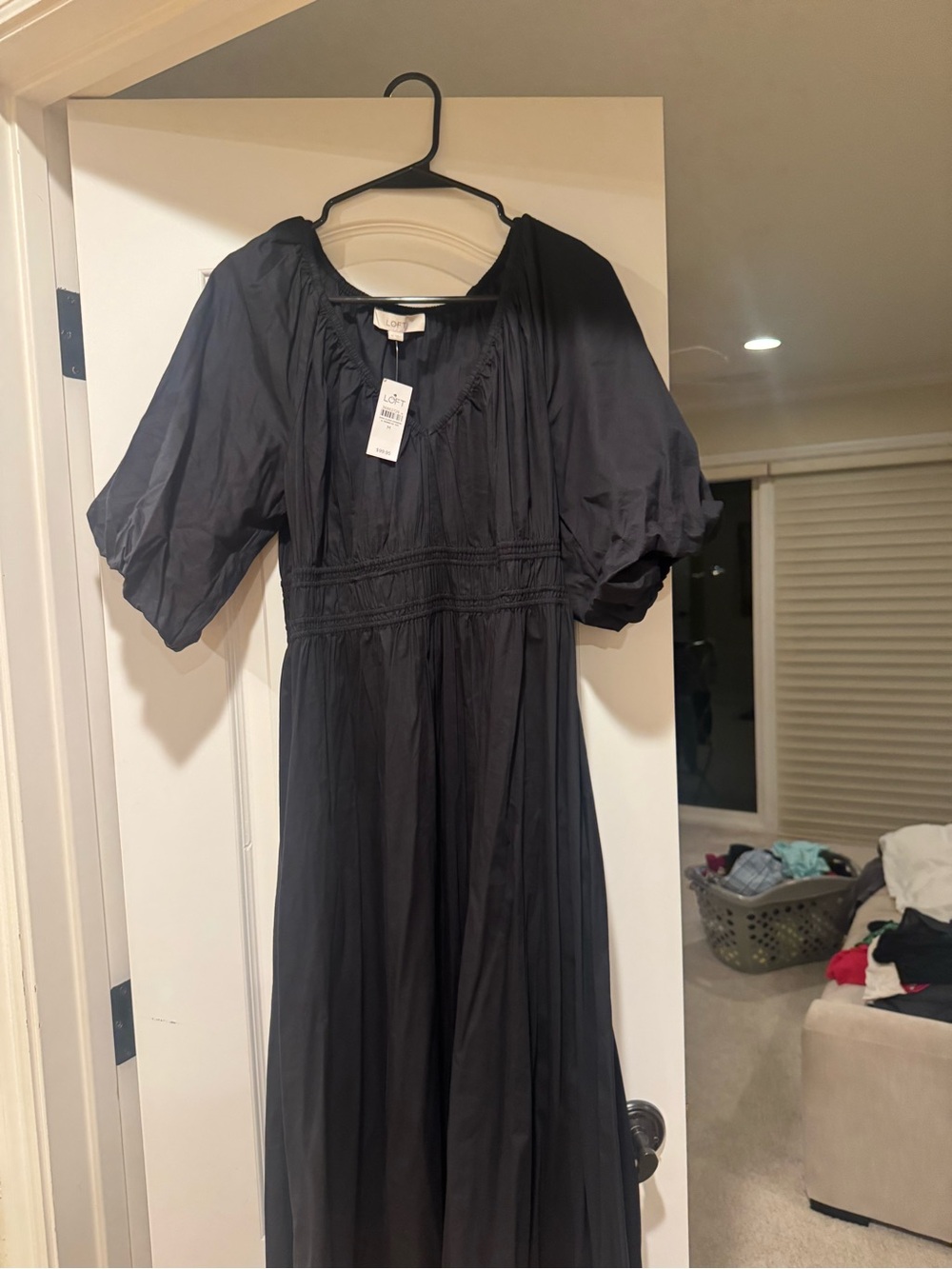 LOFT Black Puff-Sleeve Maxi Dress